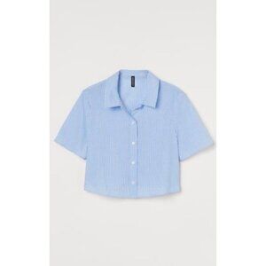 H&M Cropped Blue & White Striped Button-Up Shirt, 100%COTTON, SEMI SHEER, BEACH,